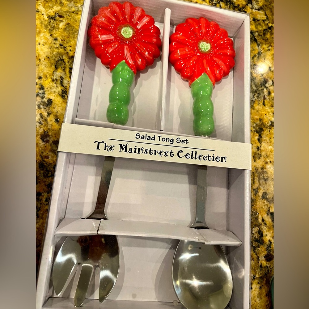 Salad Tong Set - pink and green flower